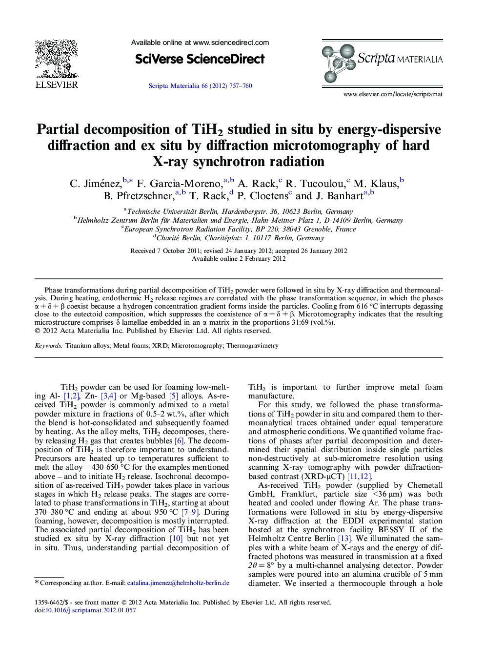 Partial decomposition of TiH2 studied in situ by energy-dispersive diffraction and ex situ by diffraction microtomography of hard X-ray synchrotron radiation