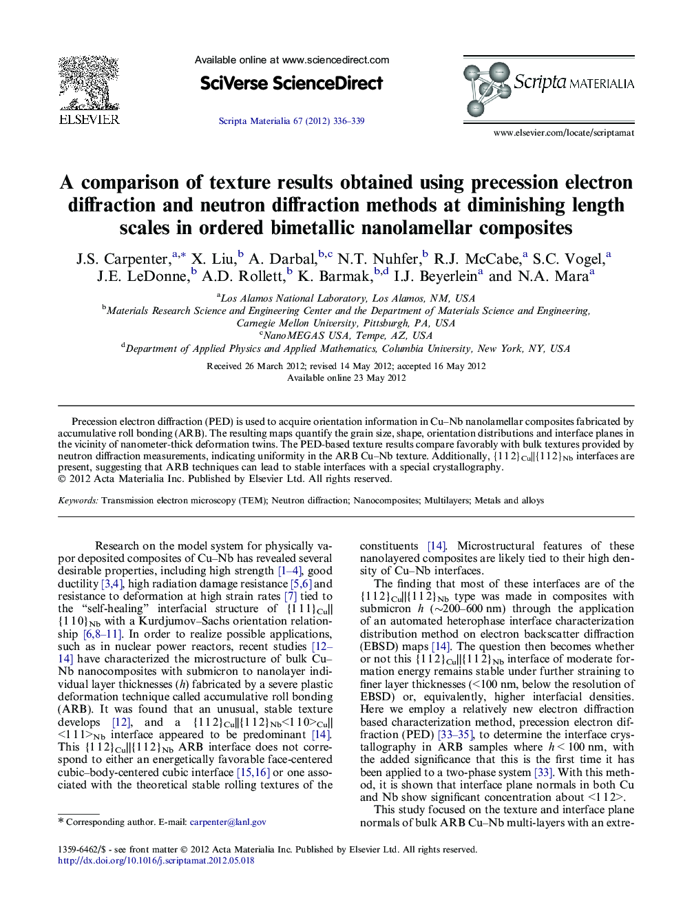 A comparison of texture results obtained using precession electron diffraction and neutron diffraction methods at diminishing length scales in ordered bimetallic nanolamellar composites