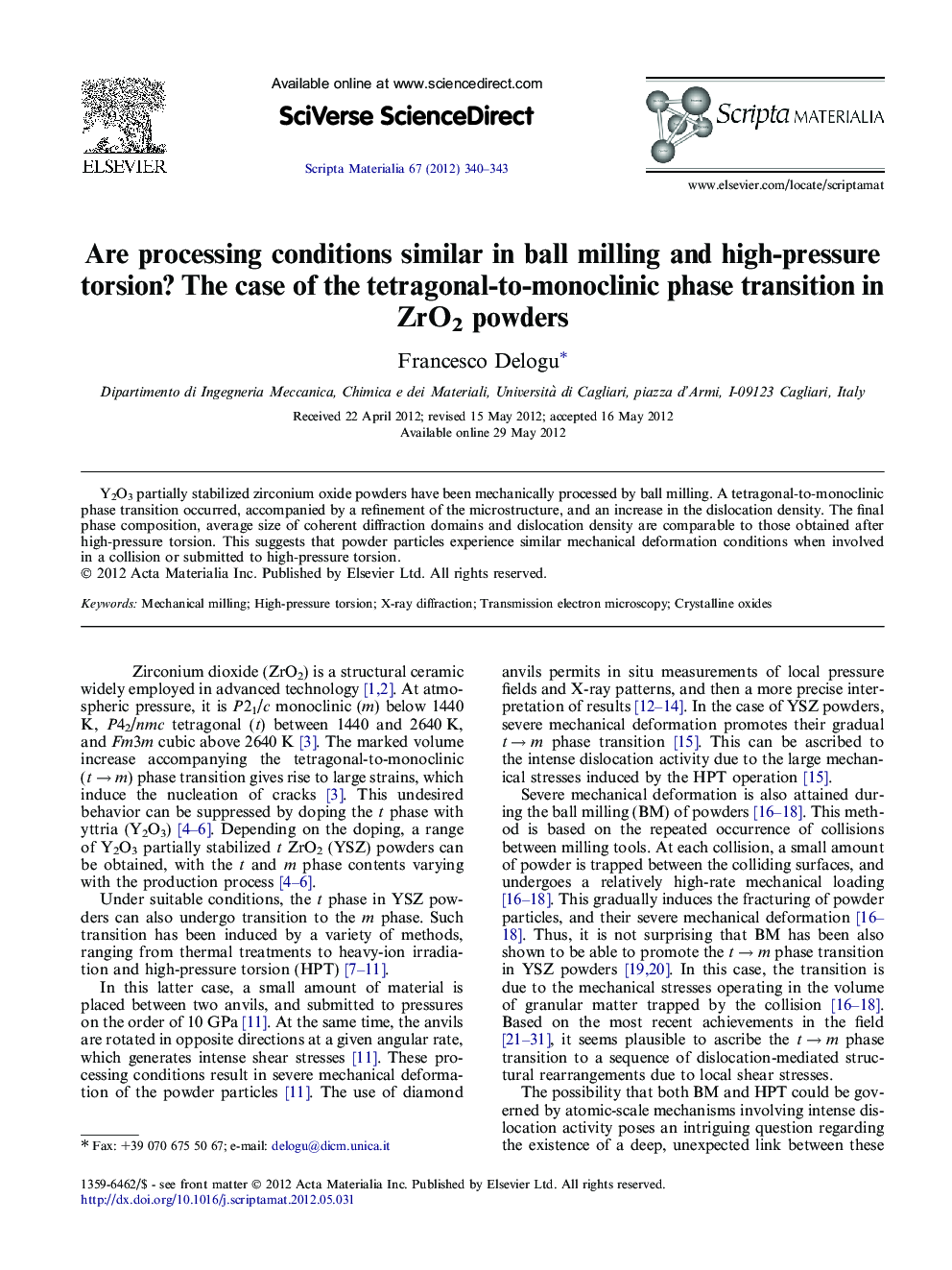 Are processing conditions similar in ball milling and high-pressure torsion? The case of the tetragonal-to-monoclinic phase transition in ZrO2 powders