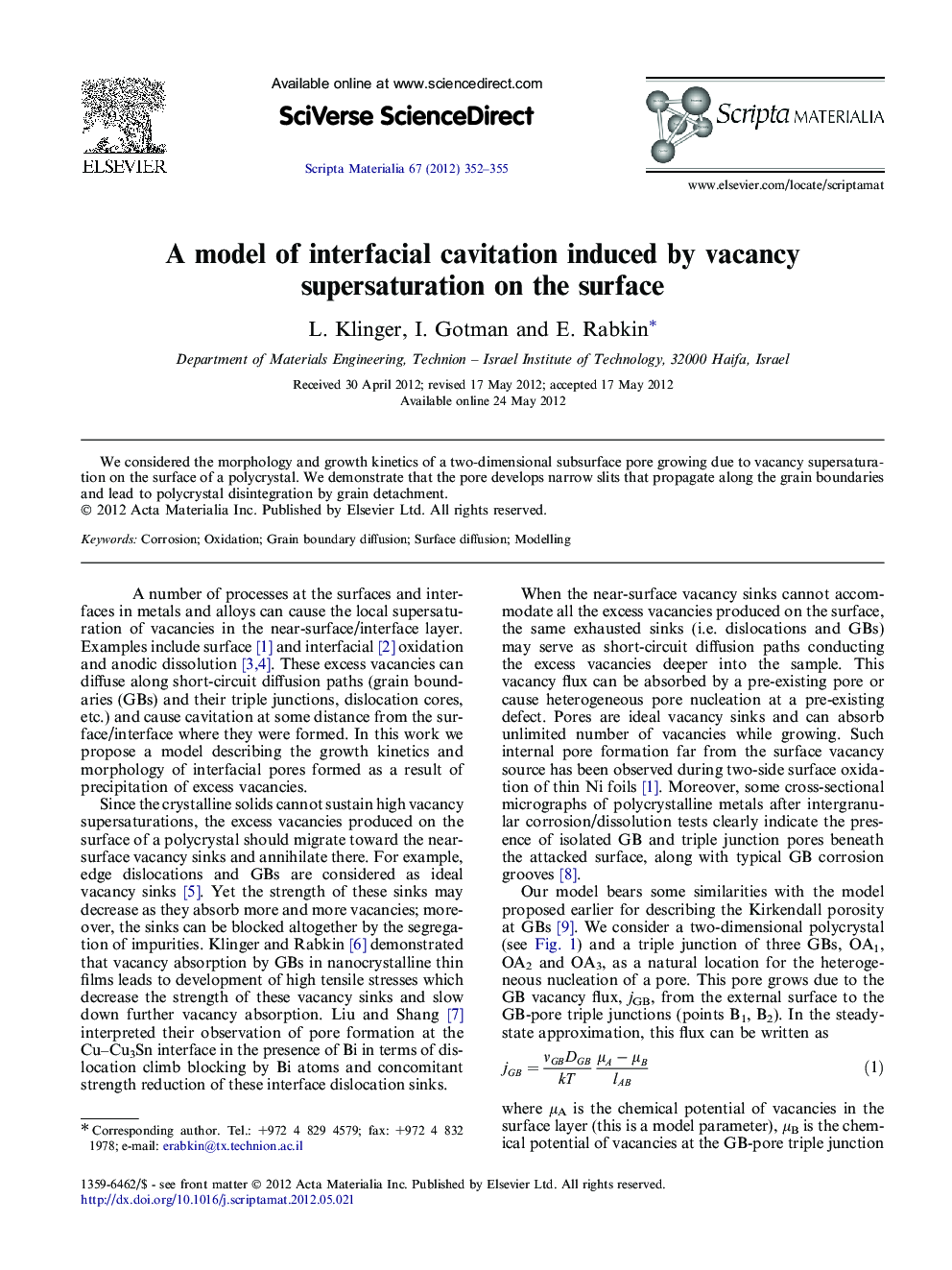 A model of interfacial cavitation induced by vacancy supersaturation on the surface