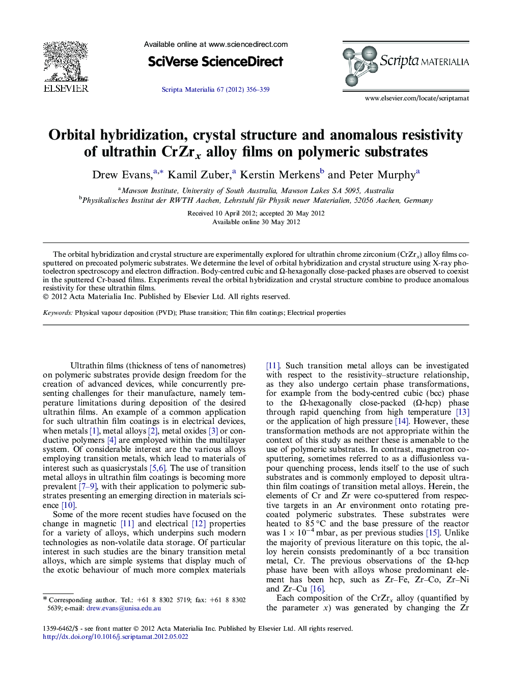 Orbital hybridization, crystal structure and anomalous resistivity of ultrathin CrZrx alloy films on polymeric substrates