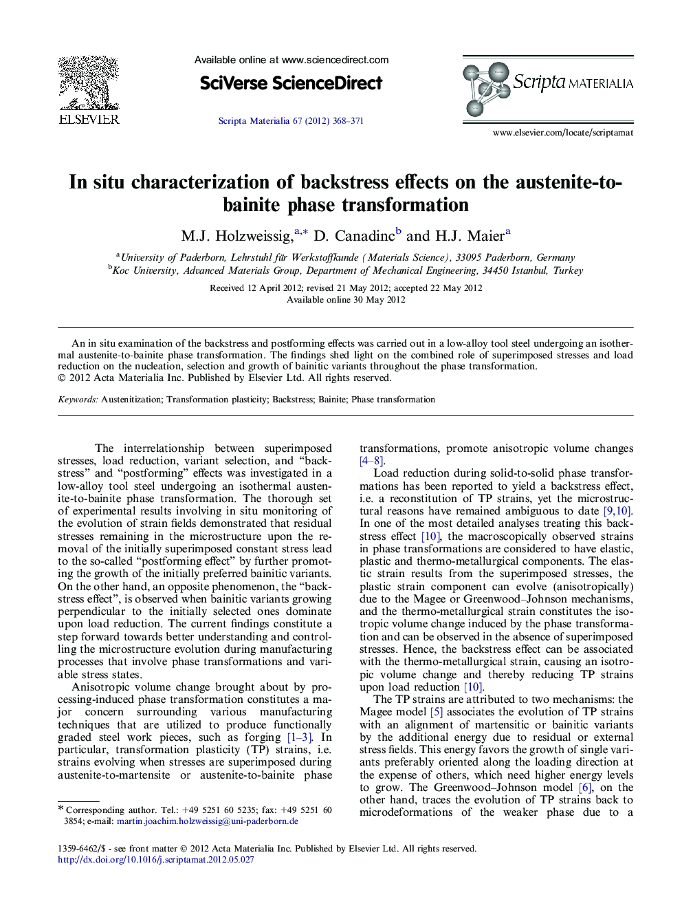 In situ characterization of backstress effects on the austenite-to-bainite phase transformation