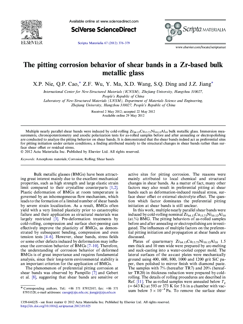 The pitting corrosion behavior of shear bands in a Zr-based bulk metallic glass