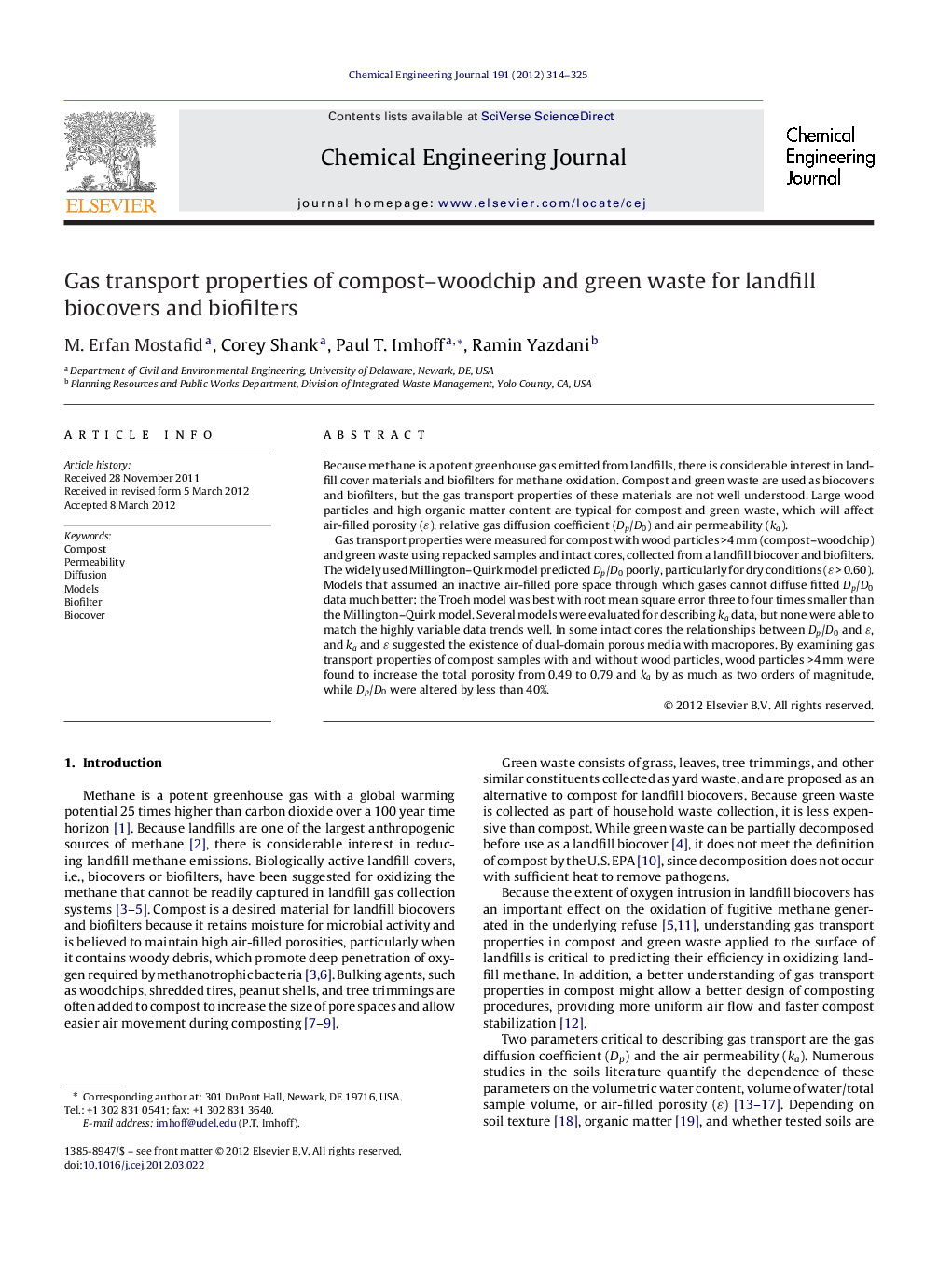 Gas transport properties of compost–woodchip and green waste for landfill biocovers and biofilters