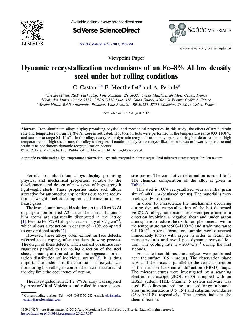 Dynamic recrystallization mechanisms of an Fe–8% Al low density steel under hot rolling conditions