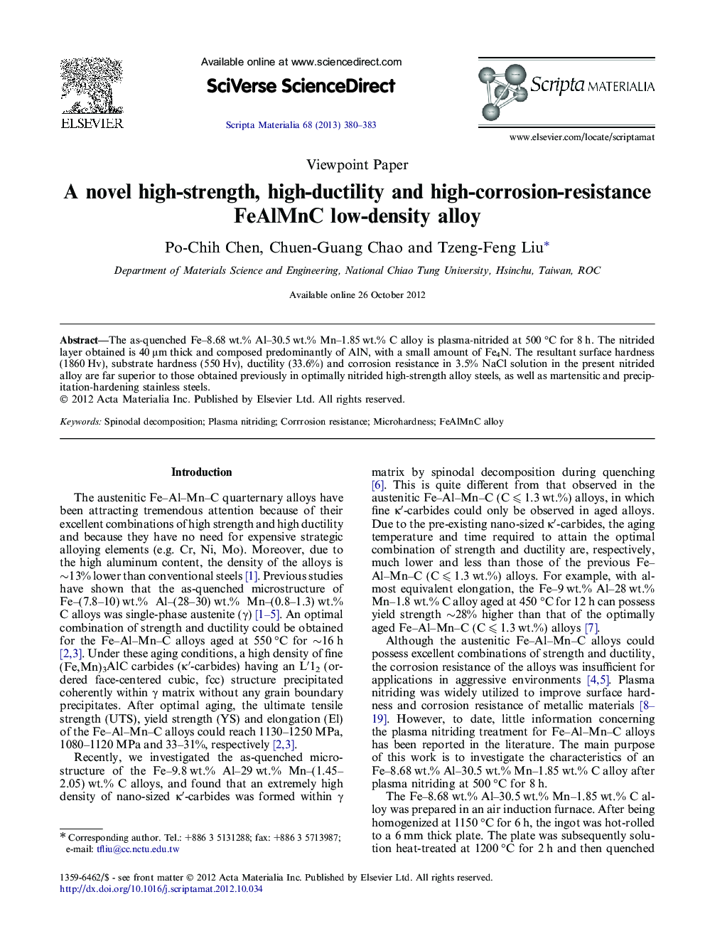 A novel high-strength, high-ductility and high-corrosion-resistance FeAlMnC low-density alloy