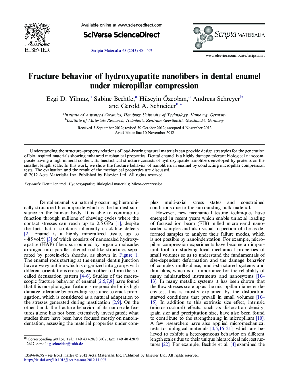 Fracture behavior of hydroxyapatite nanofibers in dental enamel under micropillar compression