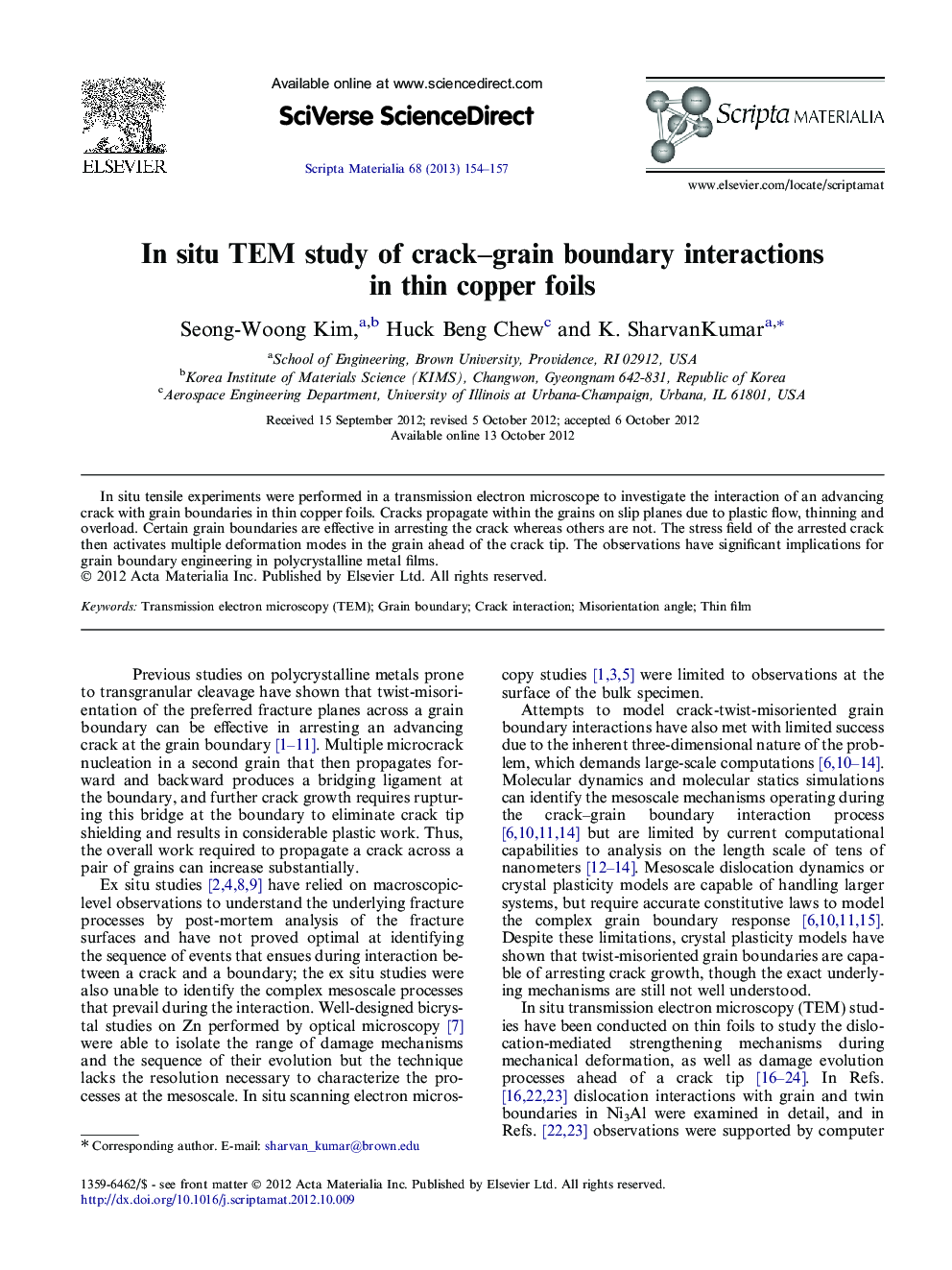 In situ TEM study of crack–grain boundary interactions in thin copper foils
