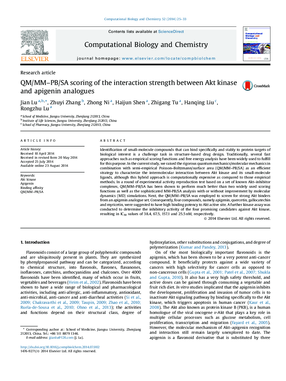 QM/MM–PB/SA scoring of the interaction strength between Akt kinase and apigenin analogues