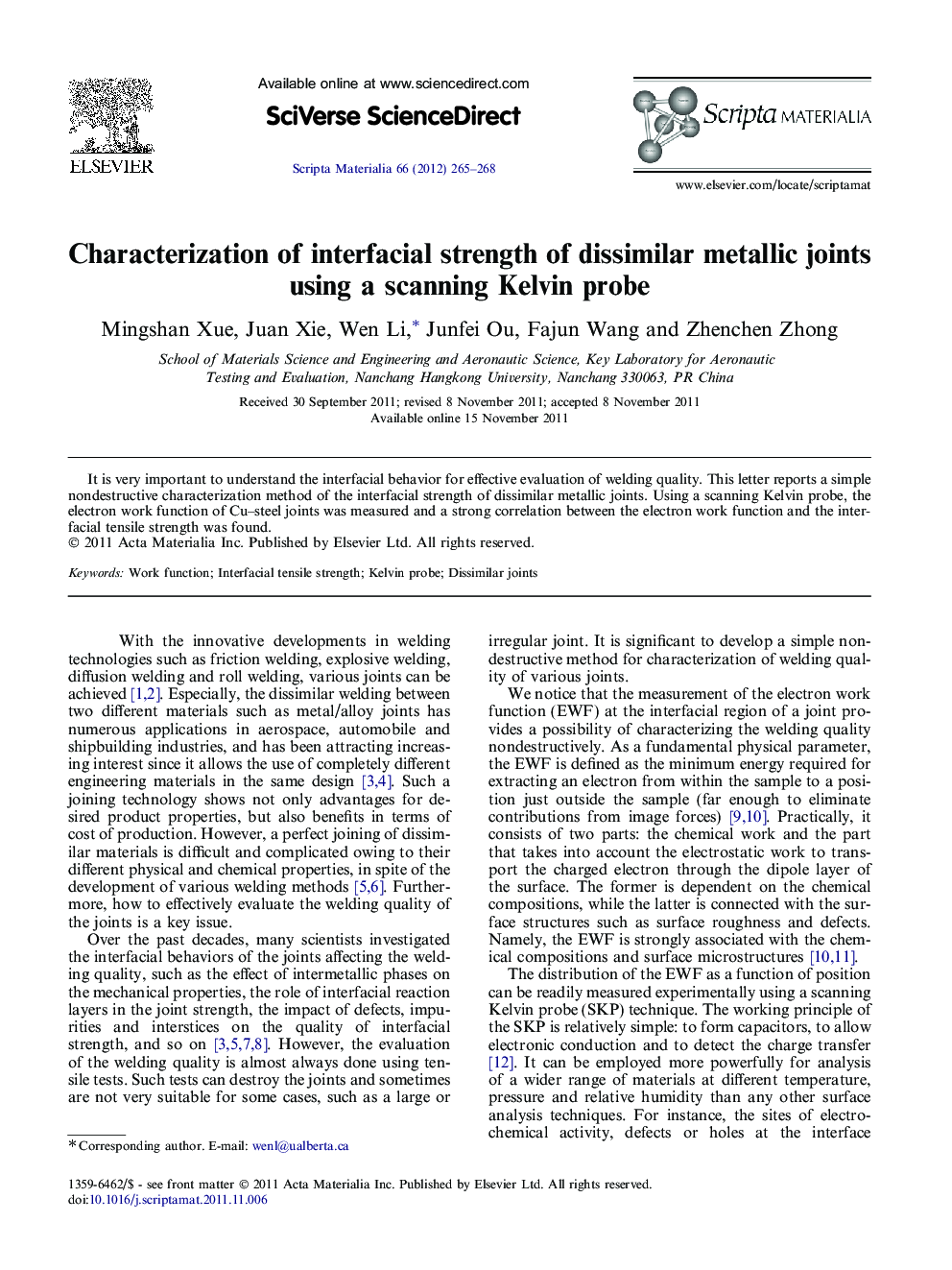 Characterization of interfacial strength of dissimilar metallic joints using a scanning Kelvin probe