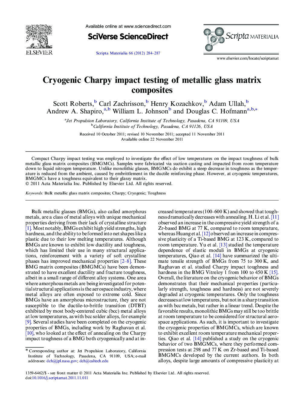 Cryogenic Charpy impact testing of metallic glass matrix composites
