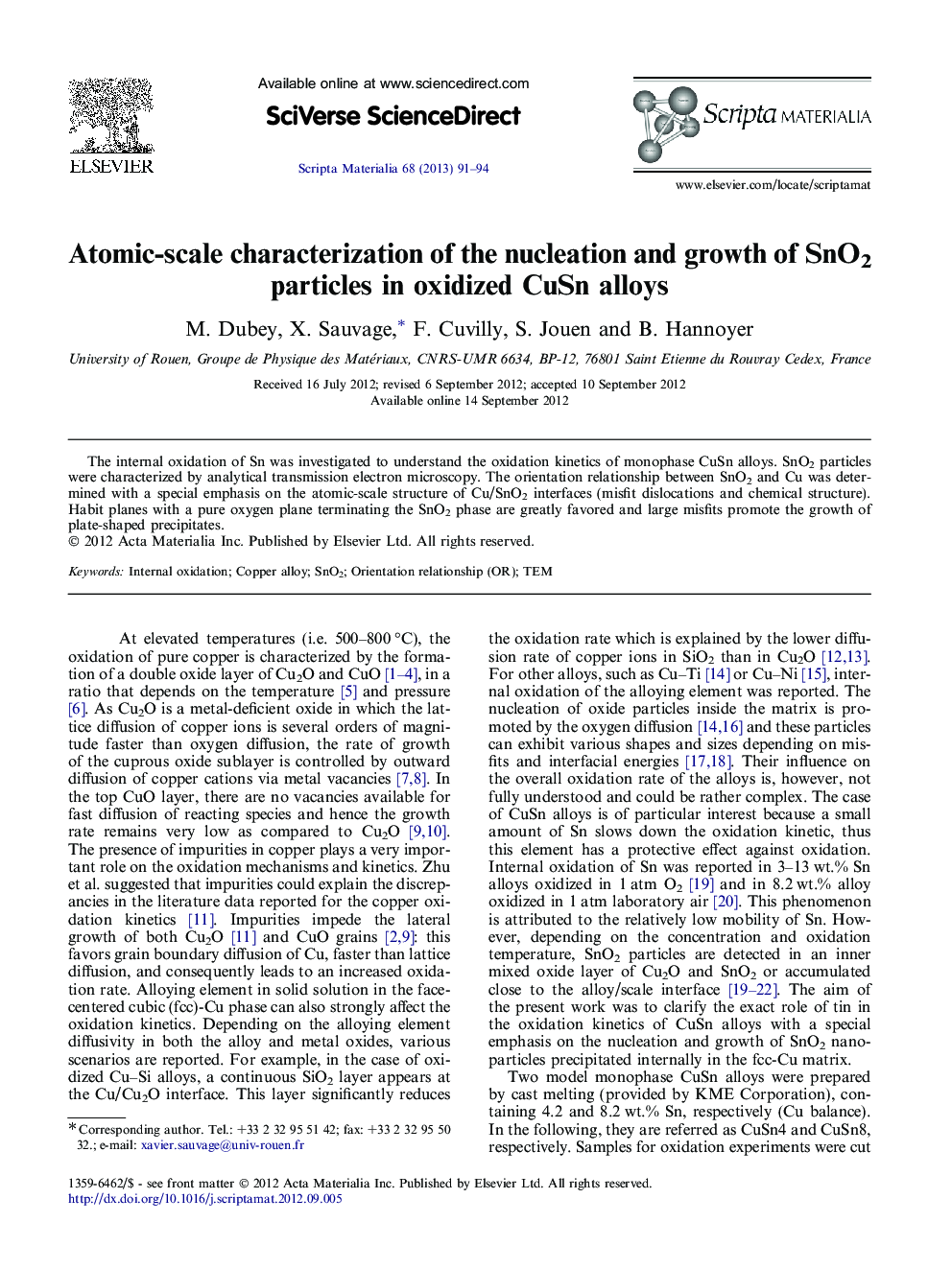 Atomic-scale characterization of the nucleation and growth of SnO2 particles in oxidized CuSn alloys