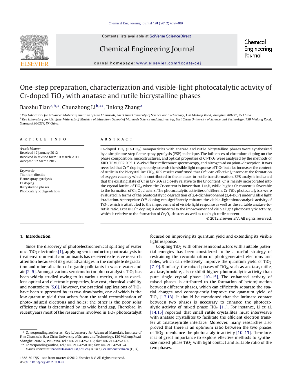 One-step preparation, characterization and visible-light photocatalytic activity of Cr-doped TiO2 with anatase and rutile bicrystalline phases