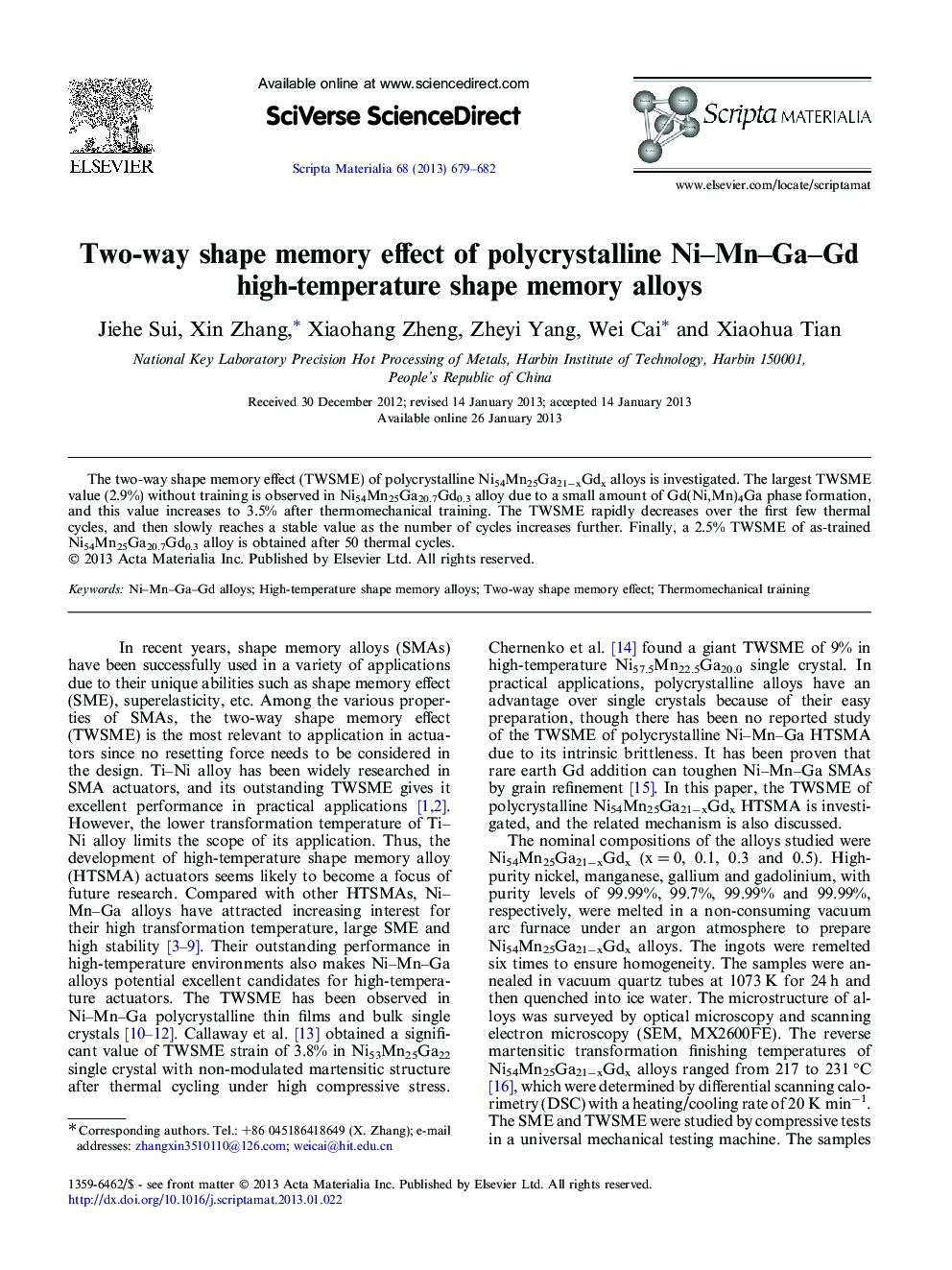 Two-way shape memory effect of polycrystalline Ni–Mn–Ga–Gd high-temperature shape memory alloys