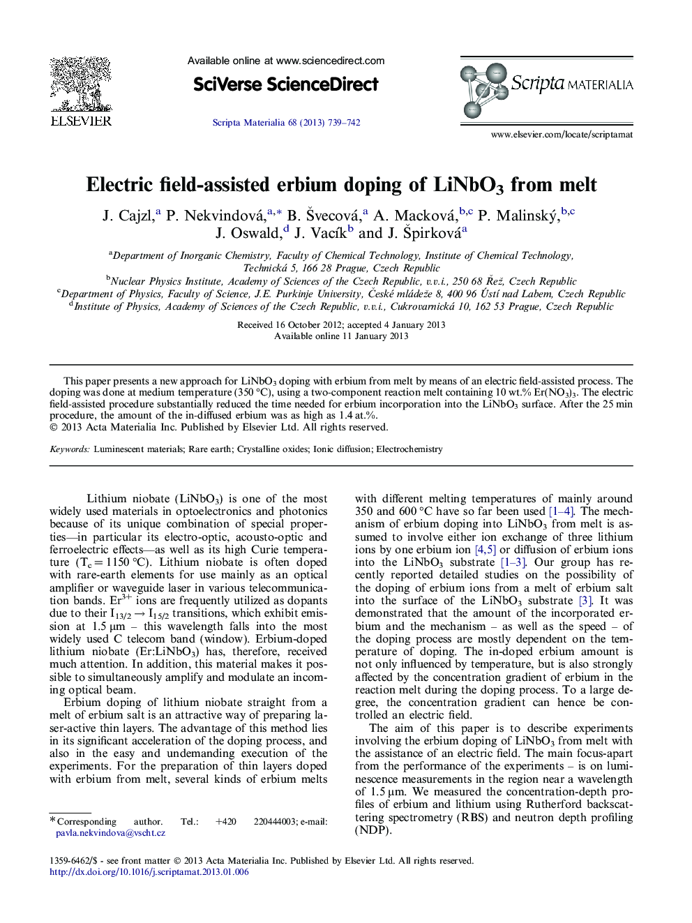 Electric field-assisted erbium doping of LiNbO3 from melt