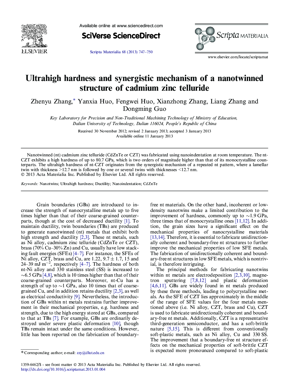 Ultrahigh hardness and synergistic mechanism of a nanotwinned structure of cadmium zinc telluride