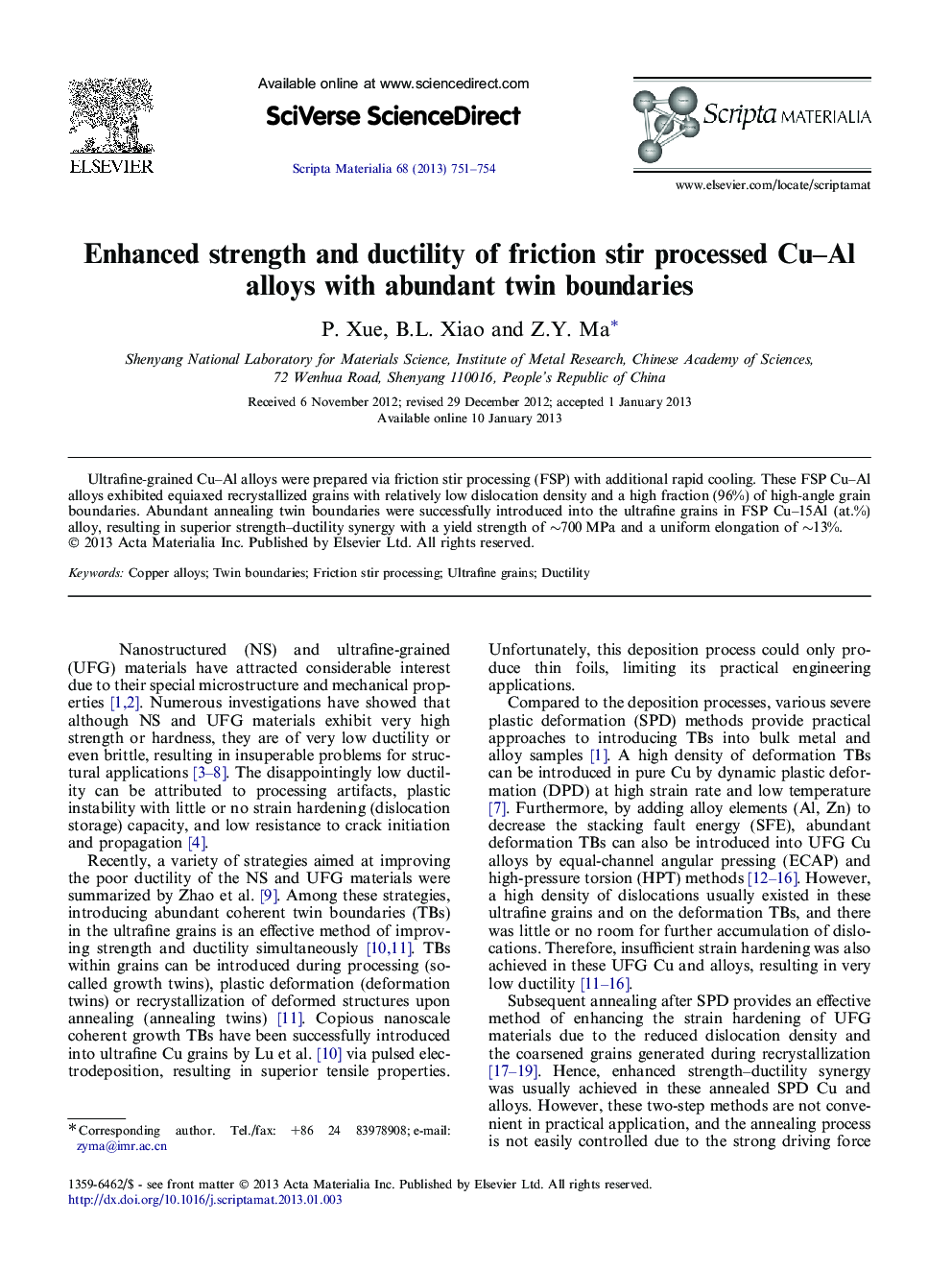 Enhanced strength and ductility of friction stir processed Cu–Al alloys with abundant twin boundaries