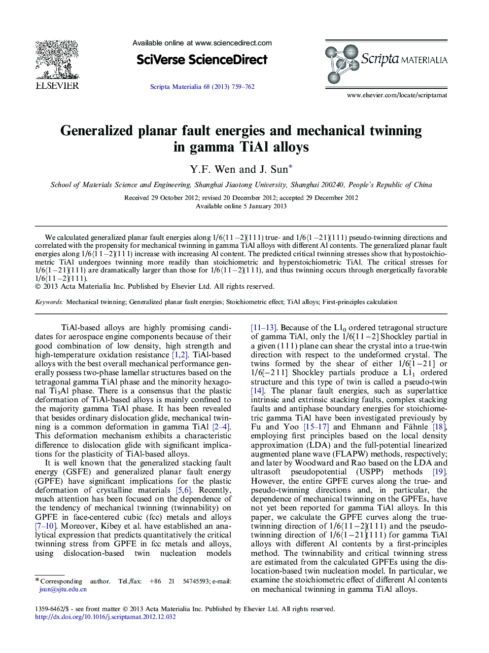 Generalized planar fault energies and mechanical twinning in gamma TiAl alloys