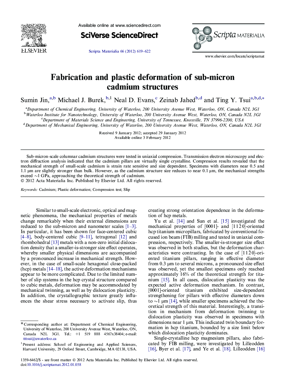 Fabrication and plastic deformation of sub-micron cadmium structures