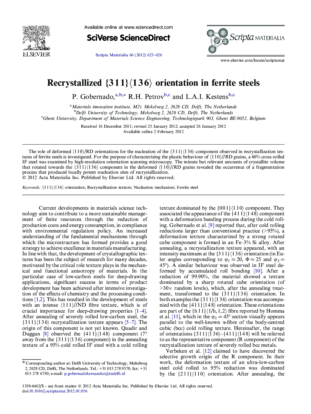 Recrystallized {3 1 1}〈1 3 6〉 orientation in ferrite steels