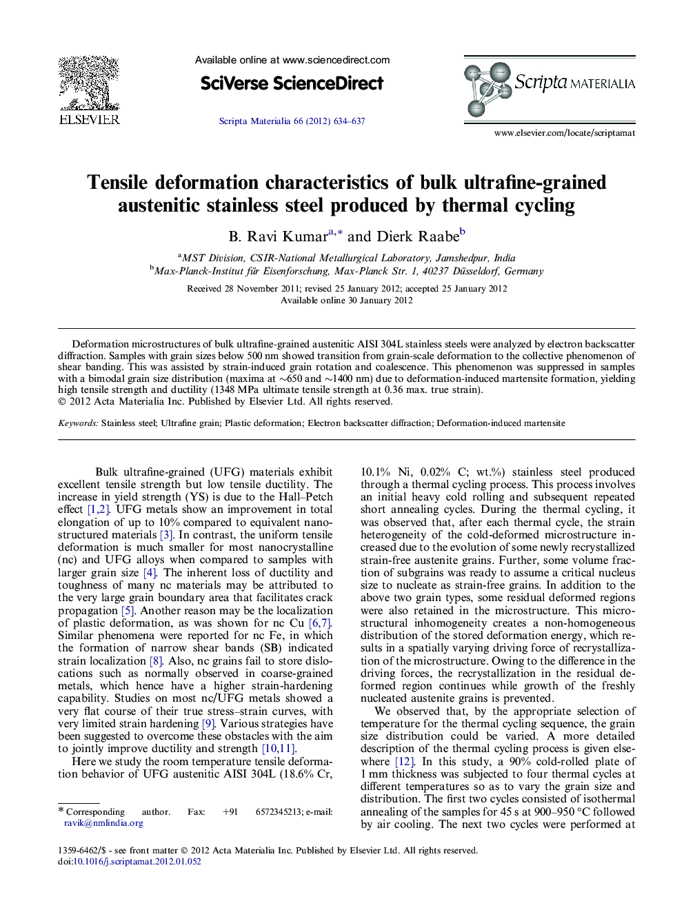 Tensile deformation characteristics of bulk ultrafine-grained austenitic stainless steel produced by thermal cycling