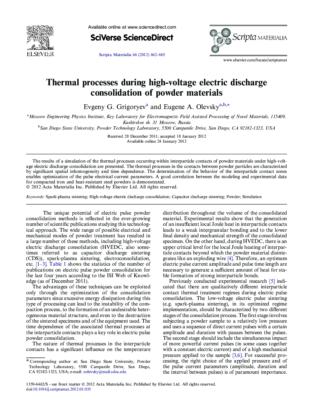 Thermal processes during high-voltage electric discharge consolidation of powder materials