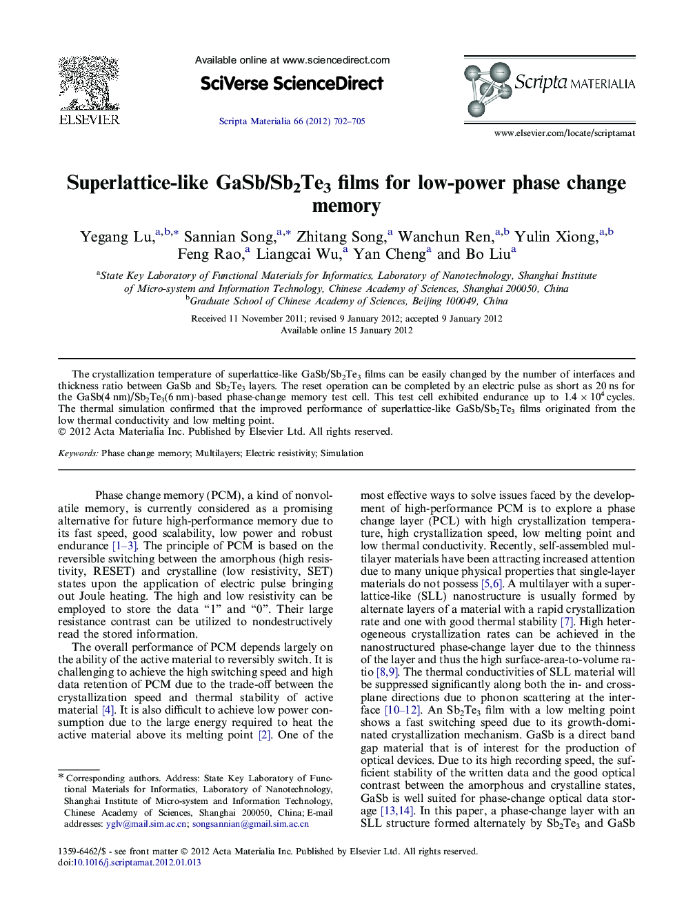 Superlattice-like GaSb/Sb2Te3 films for low-power phase change memory