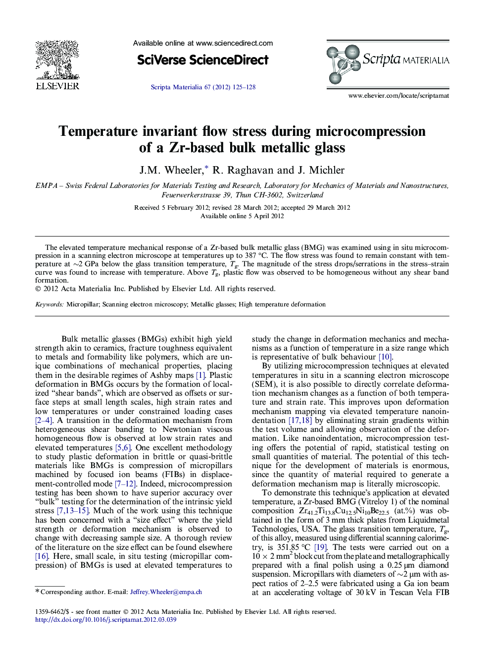 Temperature invariant flow stress during microcompression of a Zr-based bulk metallic glass