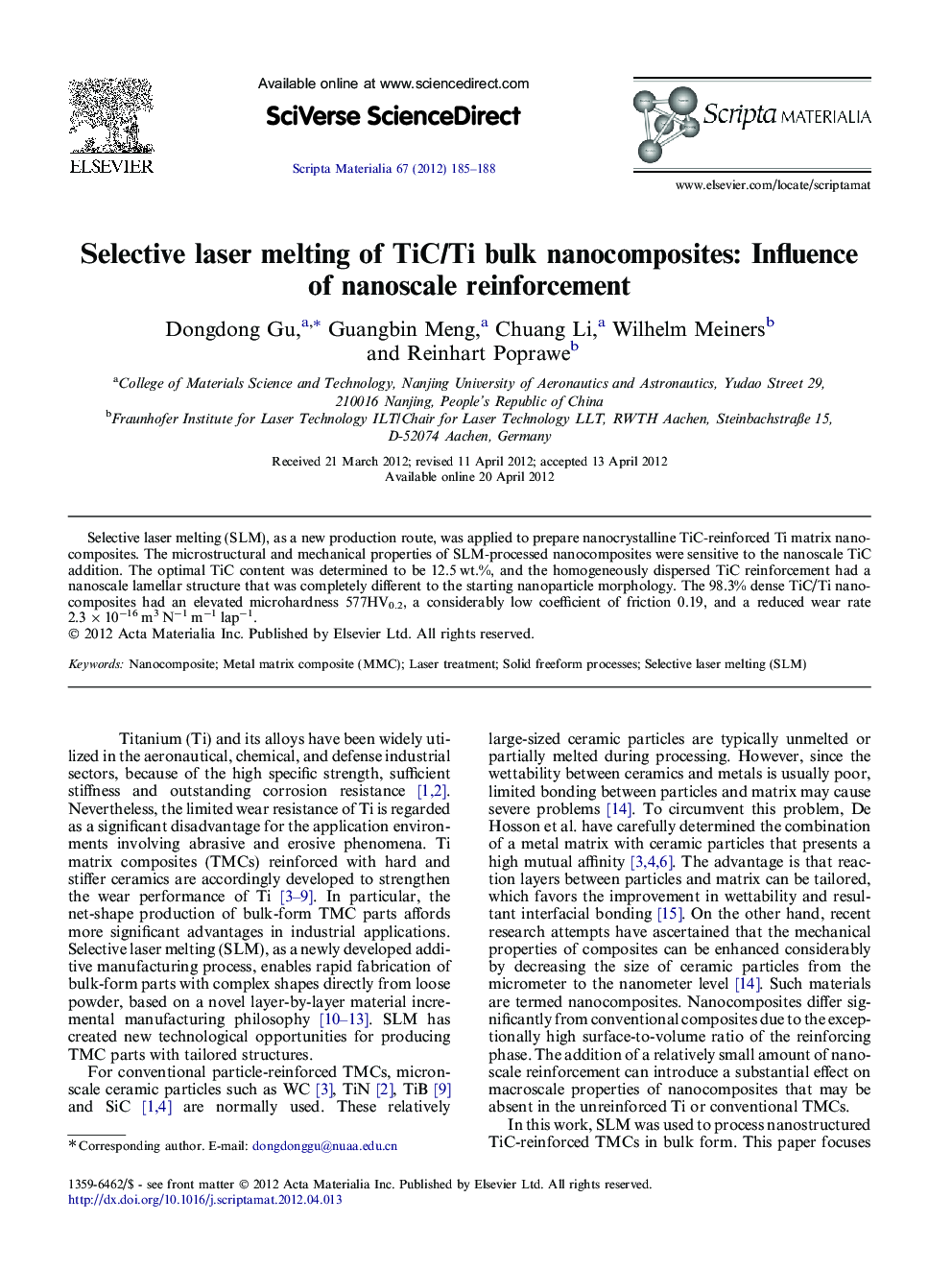 Selective laser melting of TiC/Ti bulk nanocomposites: Influence of nanoscale reinforcement