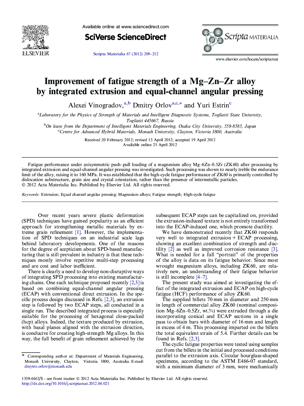 Improvement of fatigue strength of a Mg–Zn–Zr alloy by integrated extrusion and equal-channel angular pressing