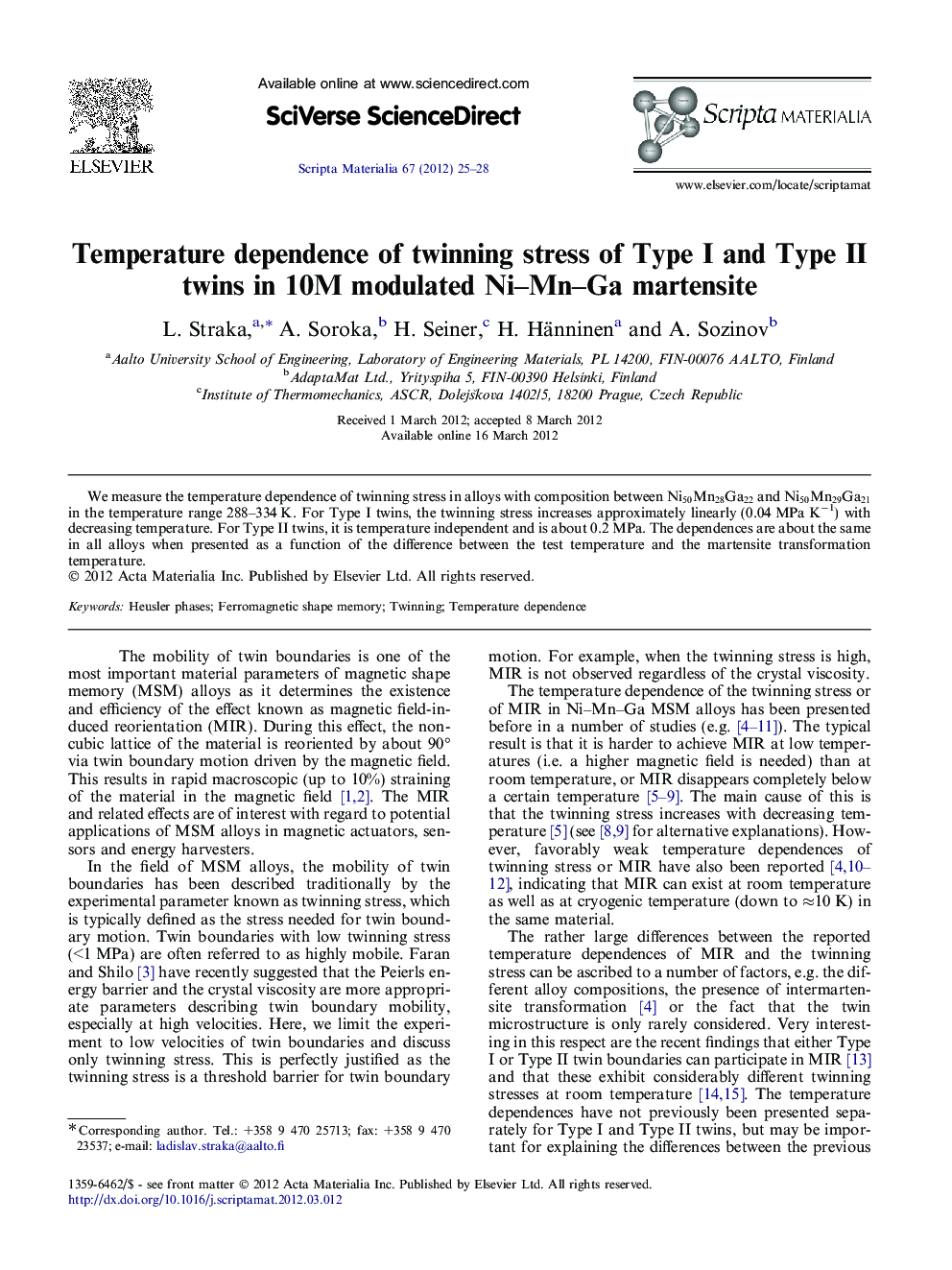 Temperature dependence of twinning stress of Type I and Type II twins in 10M modulated Ni–Mn–Ga martensite