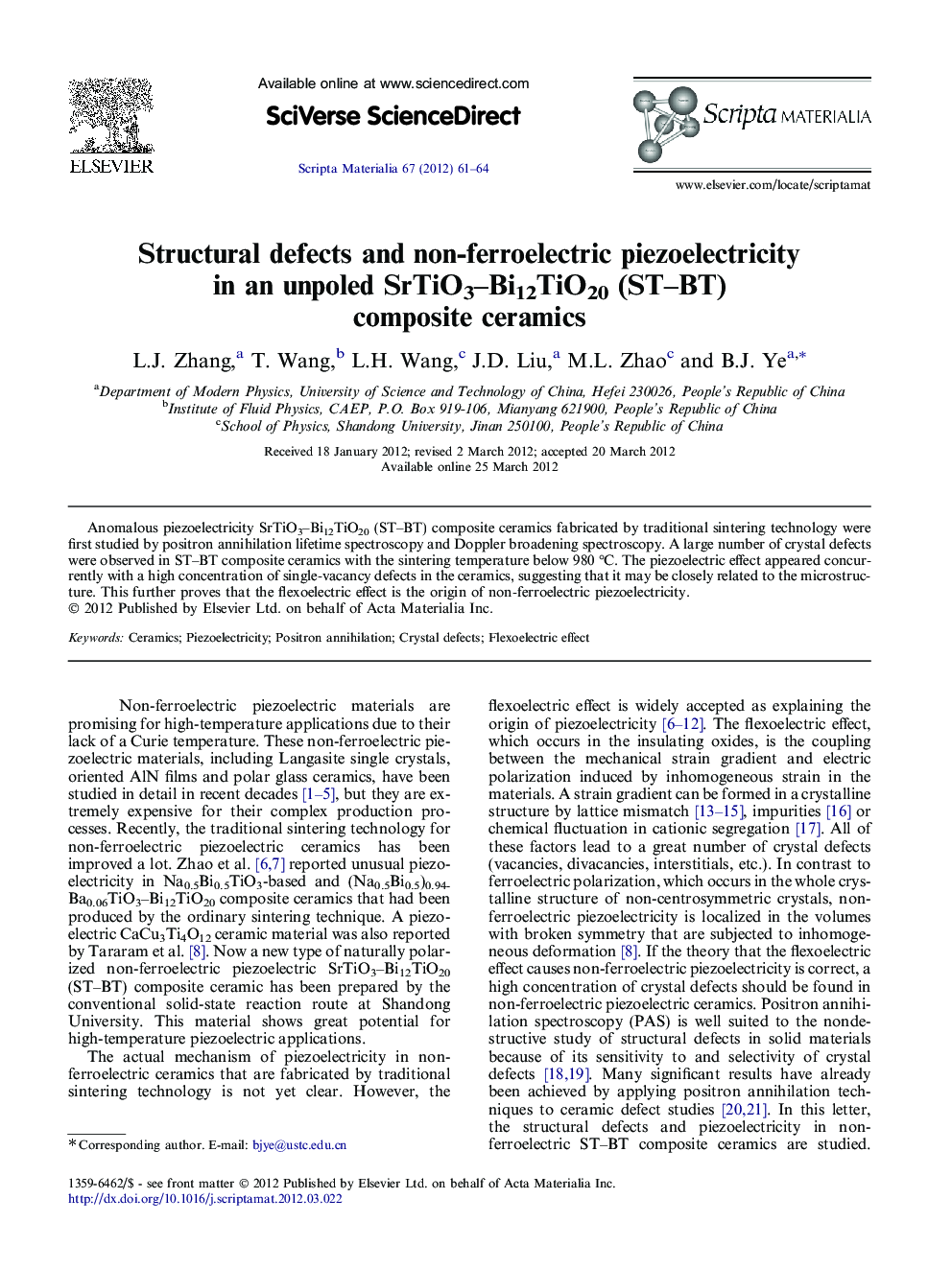 Structural defects and non-ferroelectric piezoelectricity in an unpoled SrTiO3–Bi12TiO20 (ST–BT) composite ceramics