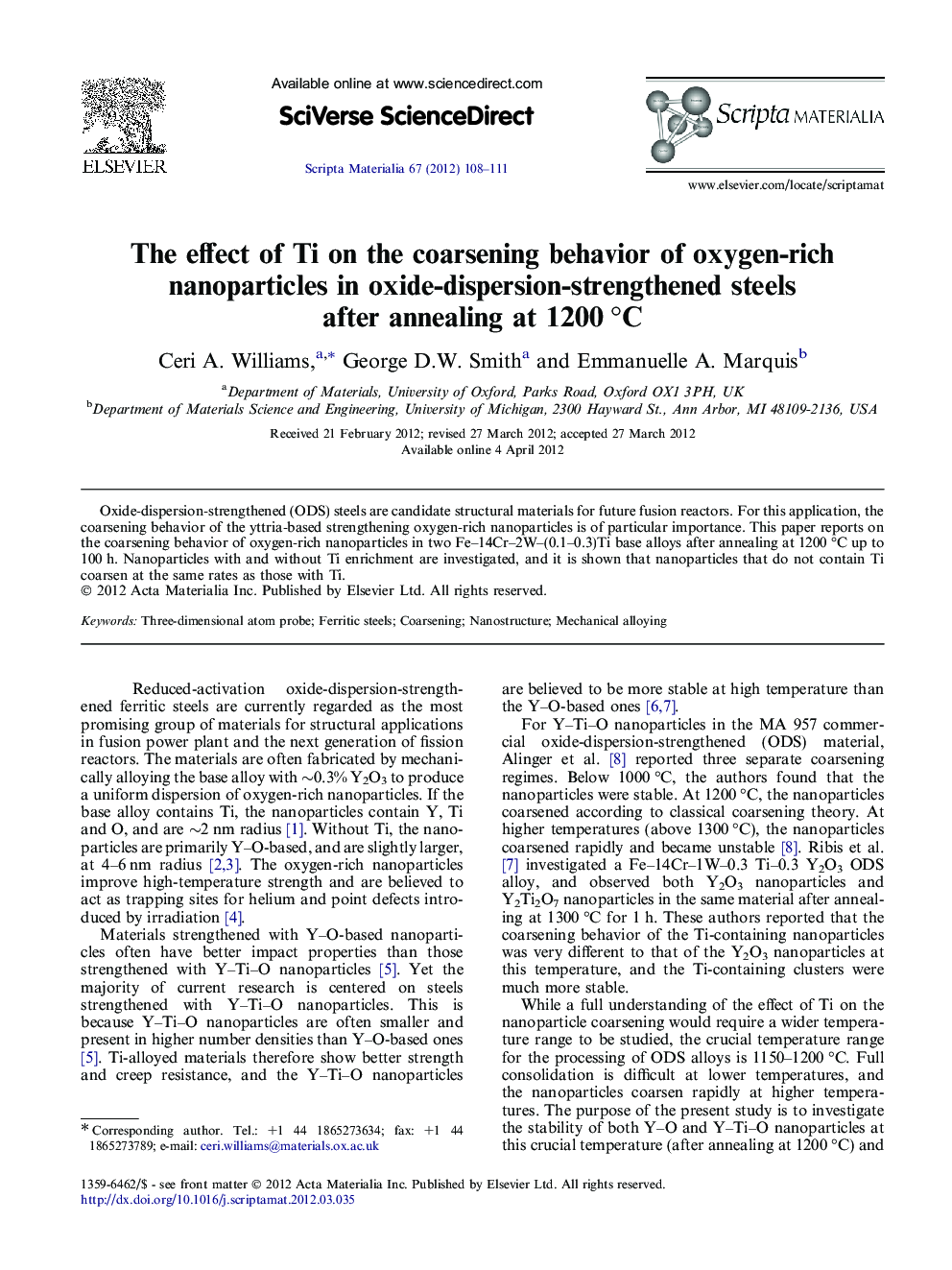 The effect of Ti on the coarsening behavior of oxygen-rich nanoparticles in oxide-dispersion-strengthened steels after annealing at 1200 °C