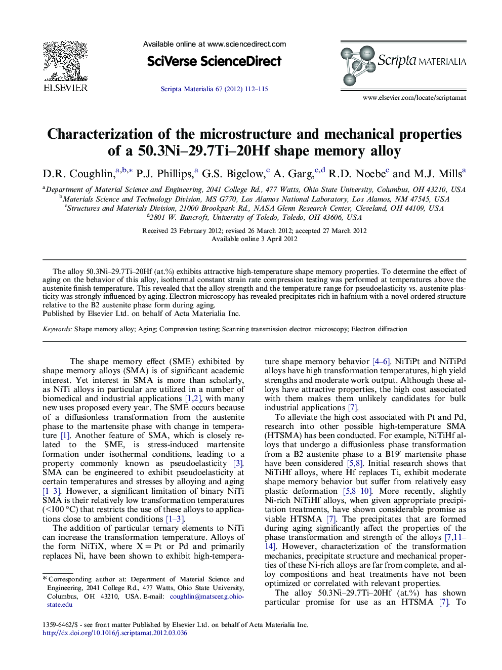 Characterization of the microstructure and mechanical properties of a 50.3Ni–29.7Ti–20Hf shape memory alloy