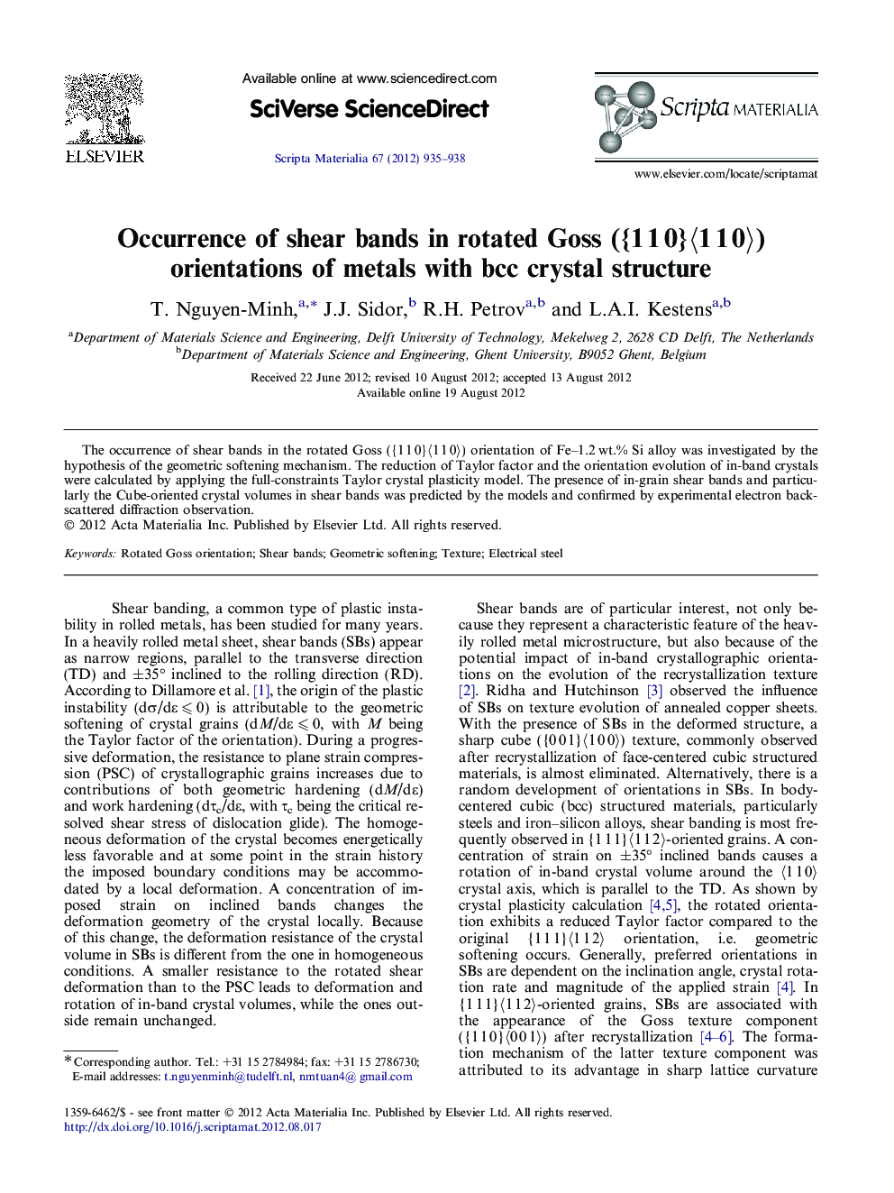 Occurrence of shear bands in rotated Goss ({1 1 0}〈1 1 0〉) orientations of metals with bcc crystal structure