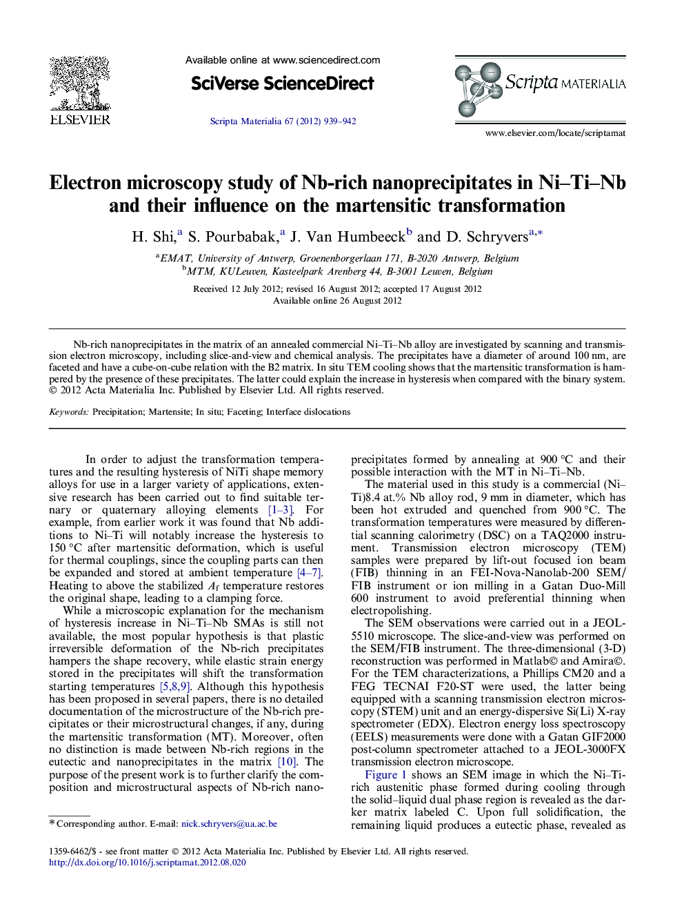 Electron microscopy study of Nb-rich nanoprecipitates in Ni–Ti–Nb and their influence on the martensitic transformation