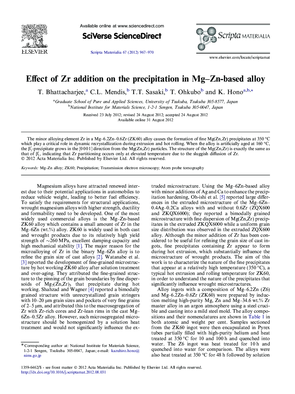 Effect of Zr addition on the precipitation in Mg–Zn-based alloy