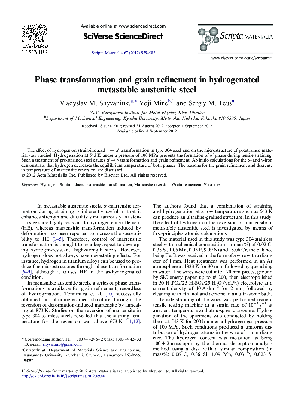 Phase transformation and grain refinement in hydrogenated metastable austenitic steel