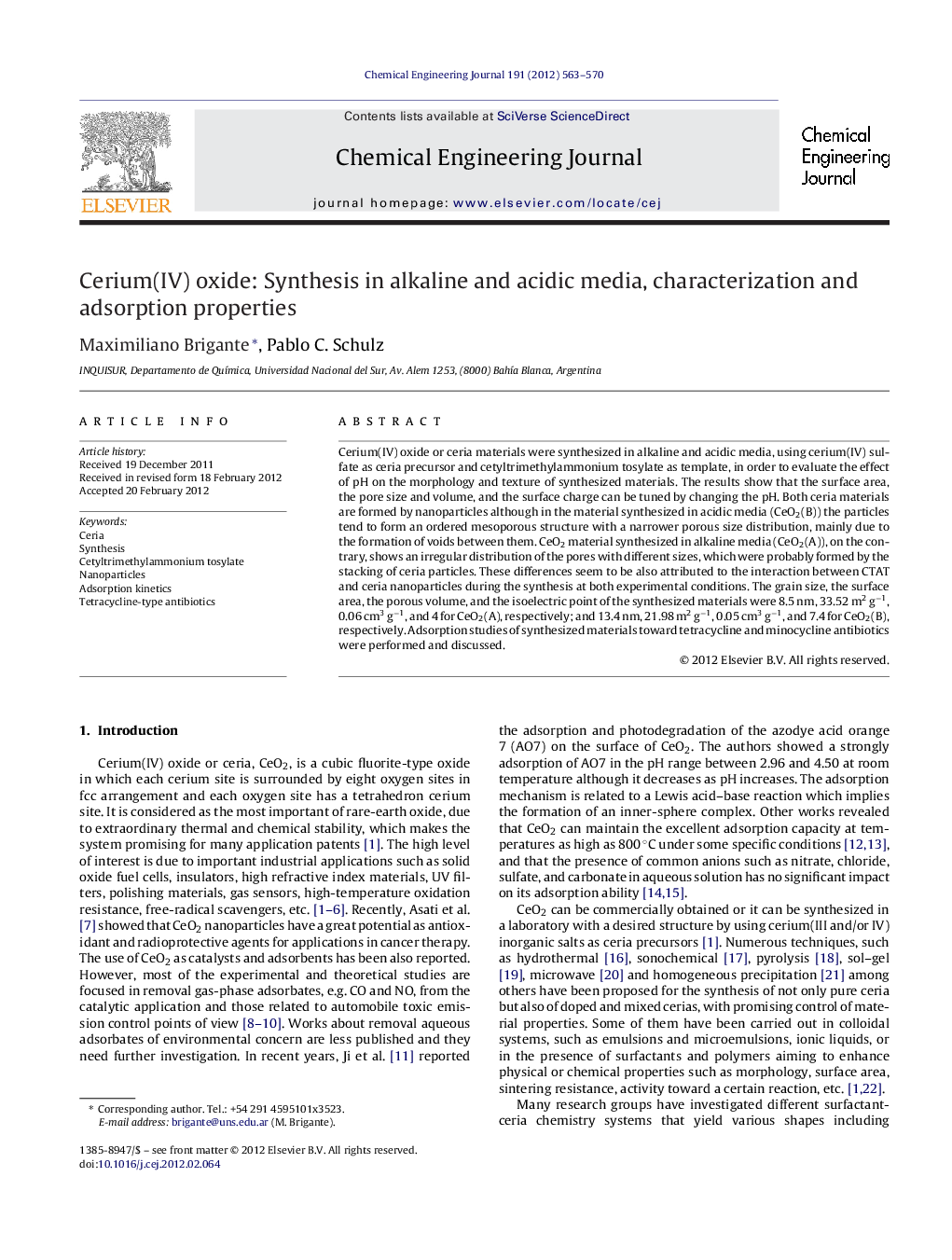 Cerium(IV) oxide: Synthesis in alkaline and acidic media, characterization and adsorption properties