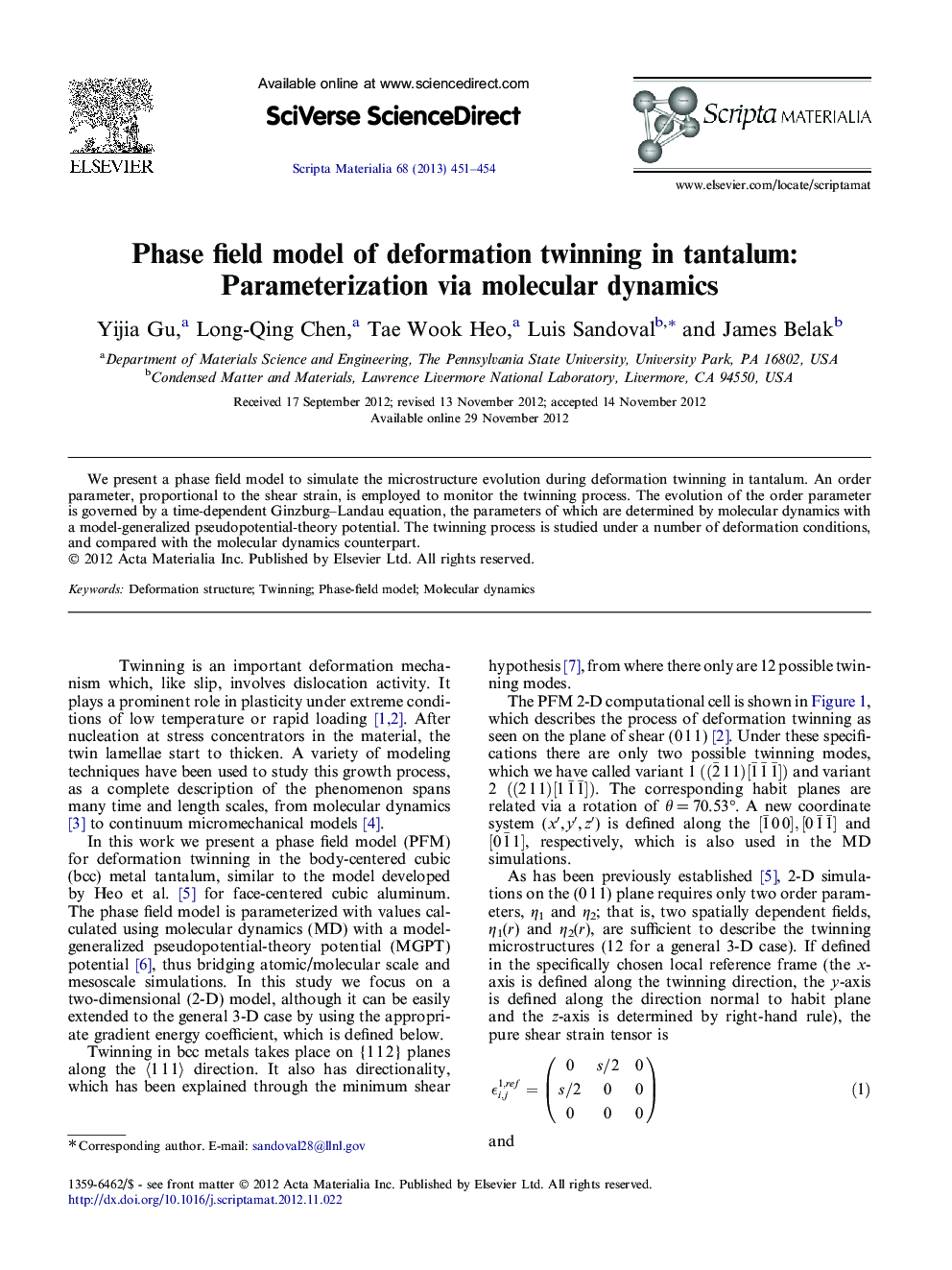 Phase field model of deformation twinning in tantalum: Parameterization via molecular dynamics