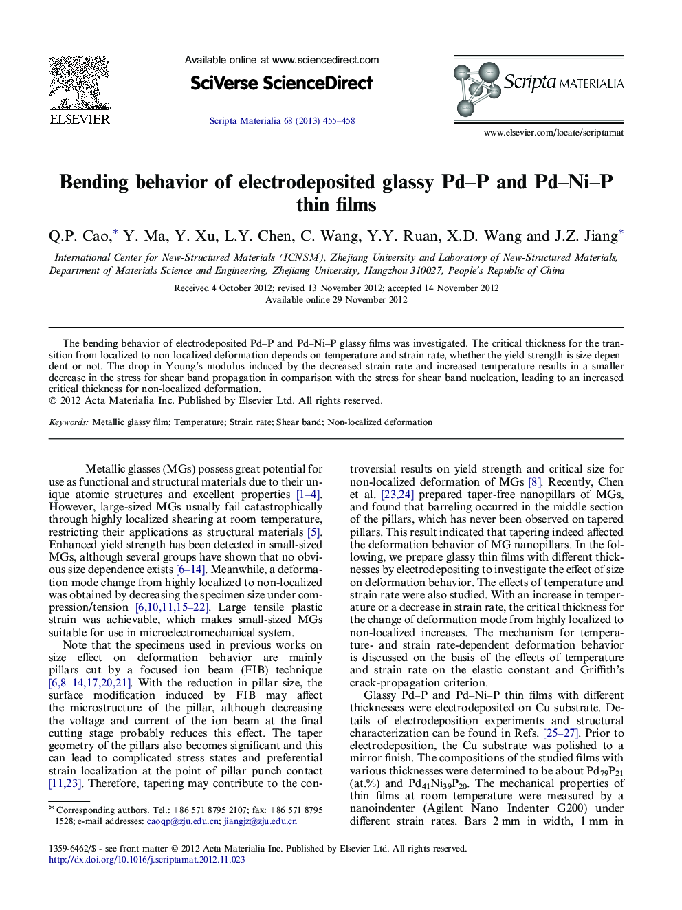 Bending behavior of electrodeposited glassy Pd–P and Pd–Ni–P thin films