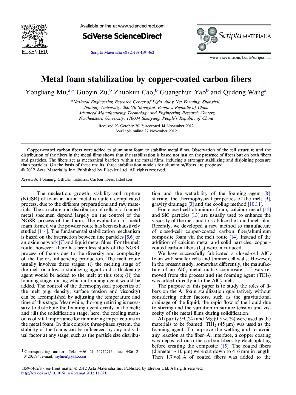 Metal foam stabilization by copper-coated carbon fibers