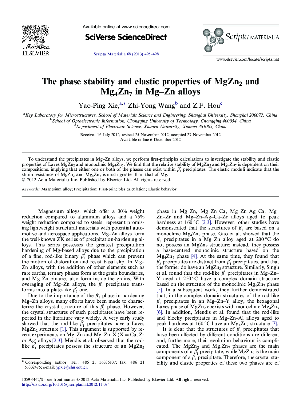 The phase stability and elastic properties of MgZn2 and Mg4Zn7 in Mg–Zn alloys