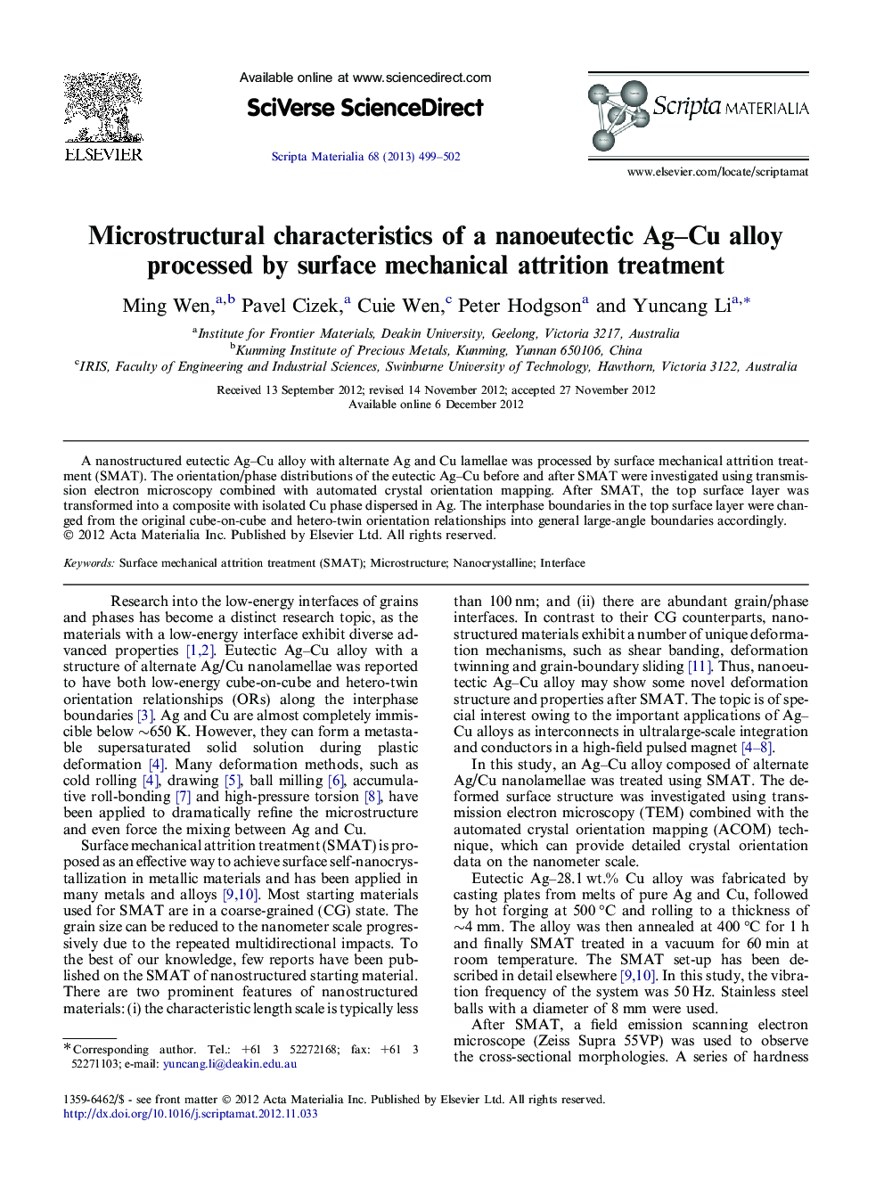 Microstructural characteristics of a nanoeutectic Ag–Cu alloy processed by surface mechanical attrition treatment