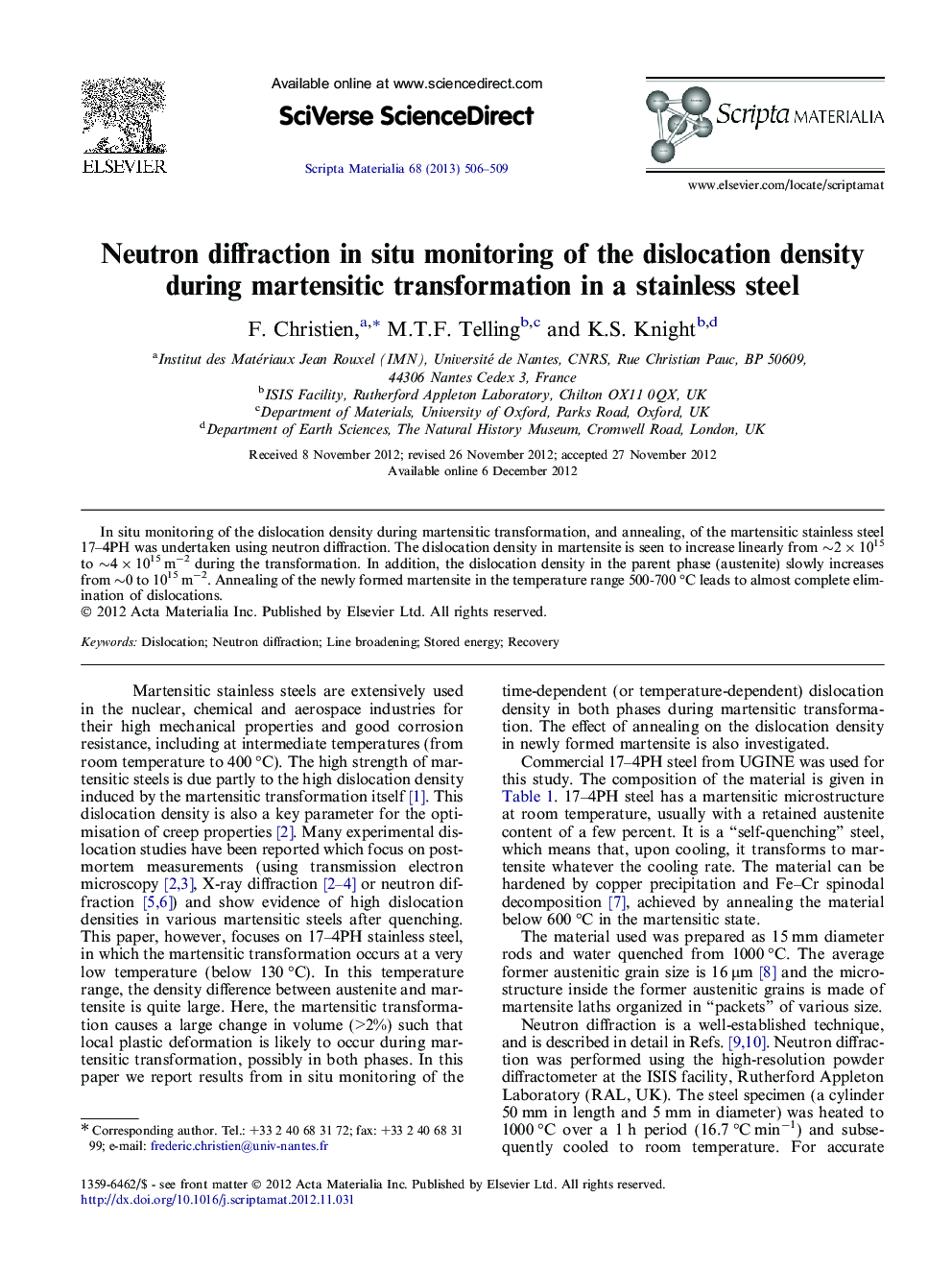 Neutron diffraction in situ monitoring of the dislocation density during martensitic transformation in a stainless steel
