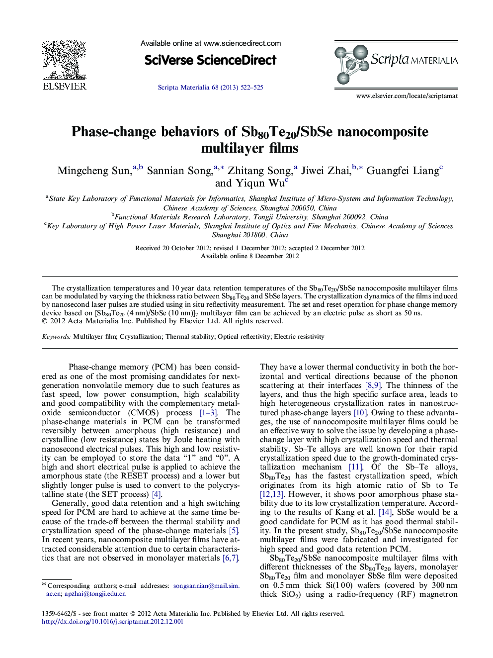 Phase-change behaviors of Sb80Te20/SbSe nanocomposite multilayer films