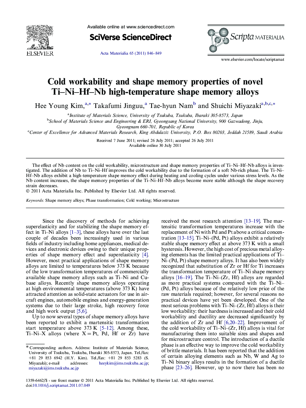 Cold workability and shape memory properties of novel Ti–Ni–Hf–Nb high-temperature shape memory alloys