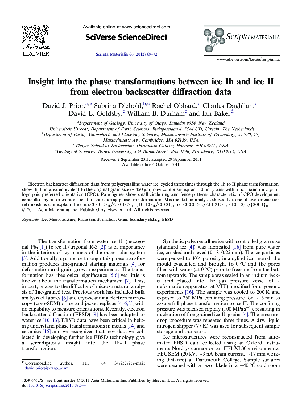 Insight into the phase transformations between ice Ih and ice II from electron backscatter diffraction data