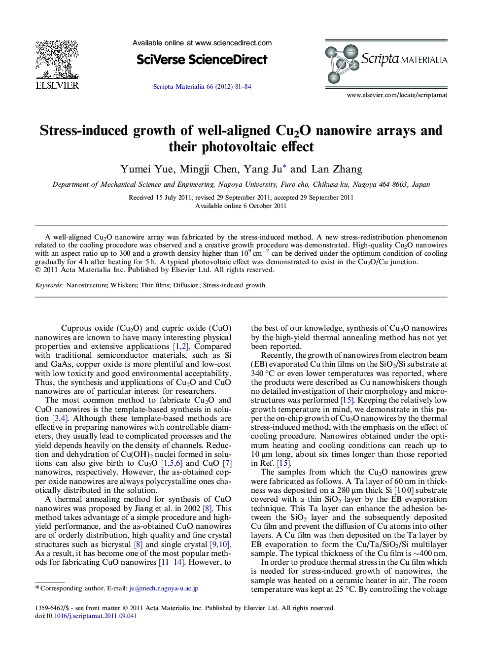 Stress-induced growth of well-aligned Cu2O nanowire arrays and their photovoltaic effect
