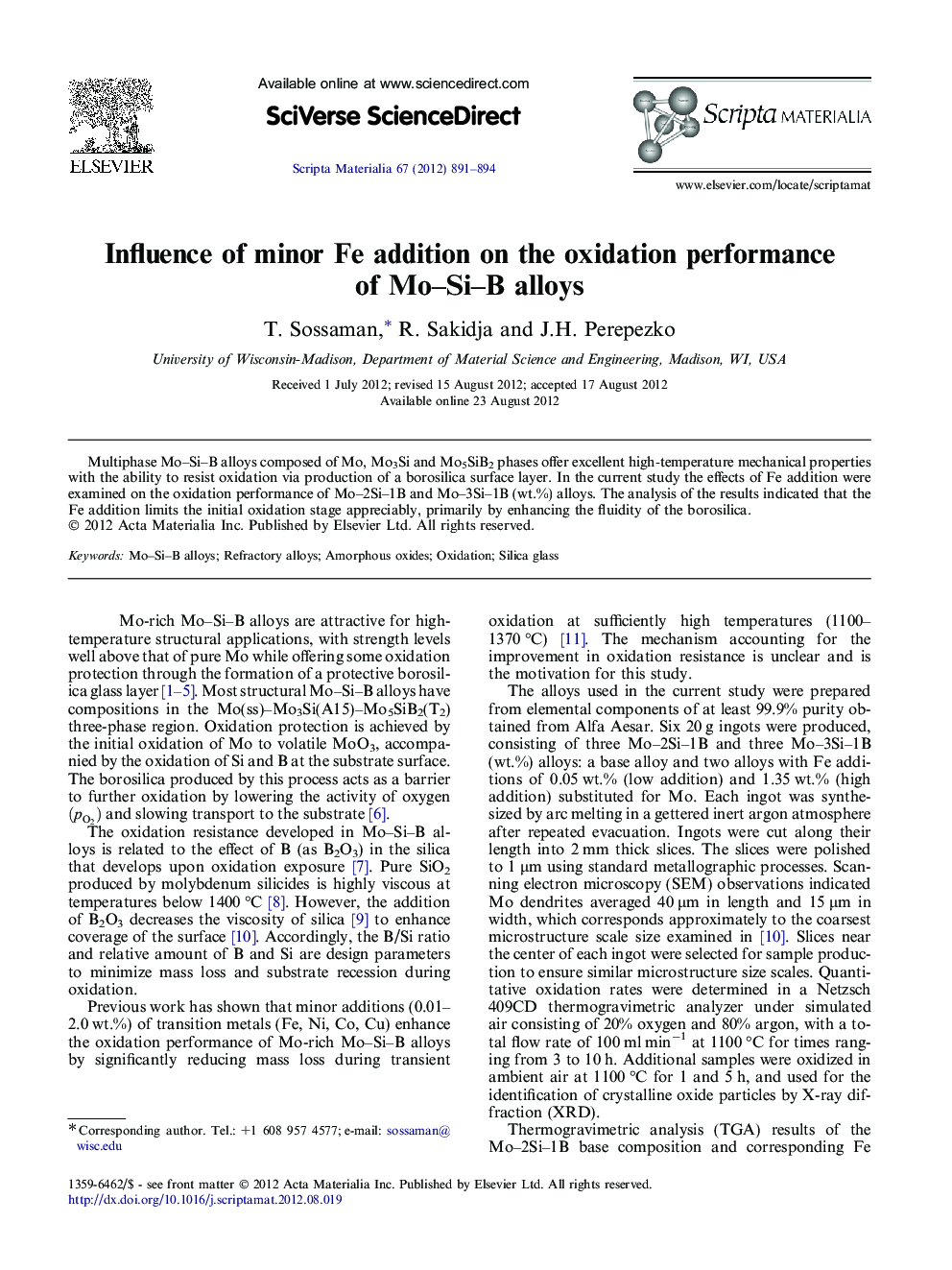 Influence of minor Fe addition on the oxidation performance of Mo–Si–B alloys